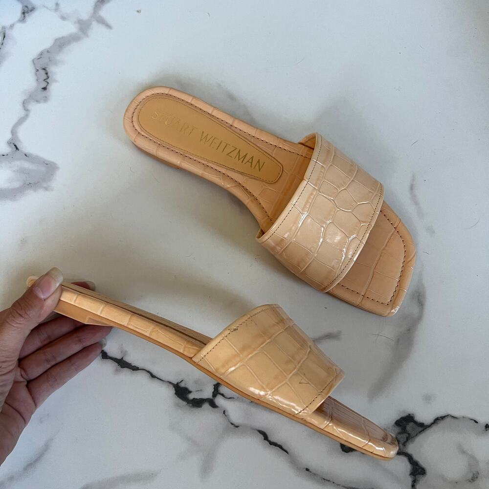 Stuart Weitzman Beige Croc-Embossed Slide Sandals